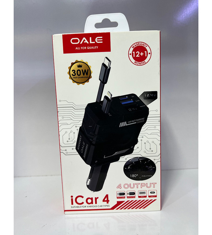 شارژر فندکی ۳۰ وات OALE مدل car4 باسیمهای جمع شونده